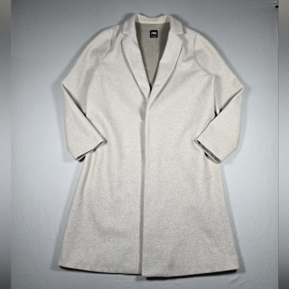 Zara Basic Soft Felt Texture Coat – Beige Marl Longline Lapel Jacket XL